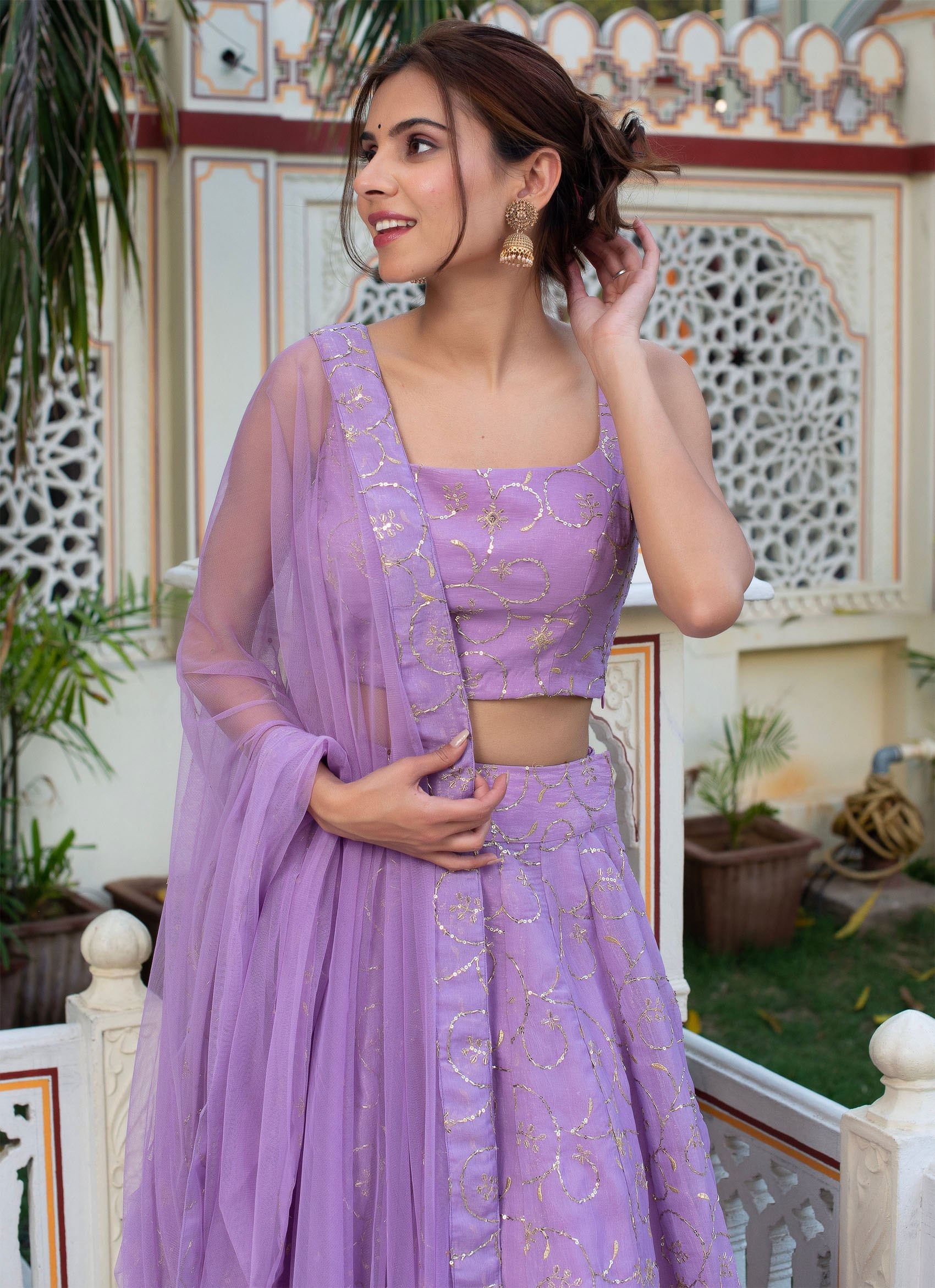 Lavender Embellished Semi-Stitched Chinon Lehenga Choli with Net Dupatta