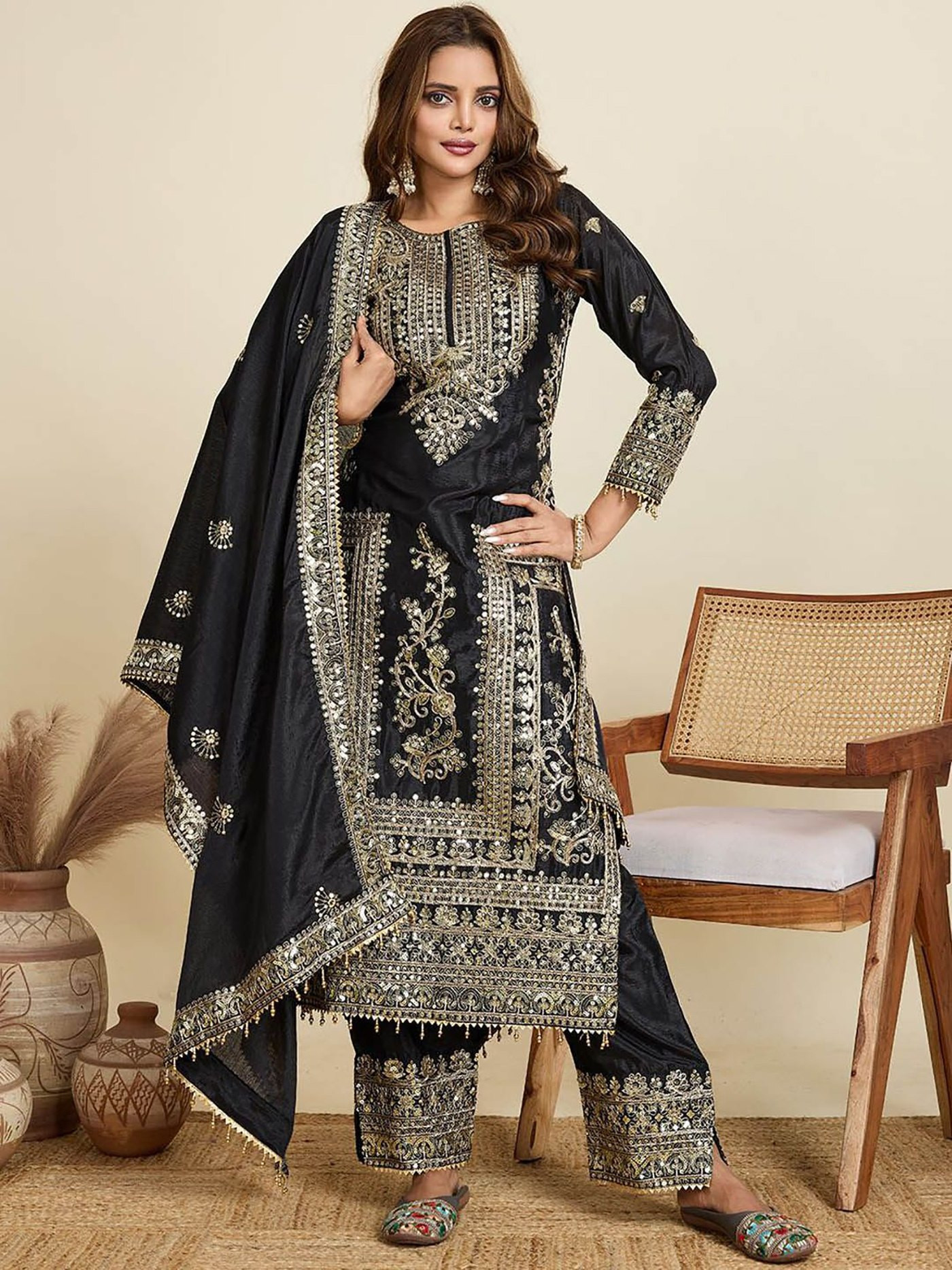 Maroon & Black Sherwani Suit Set with Embroidered Kurta, Plazo & Dupatta