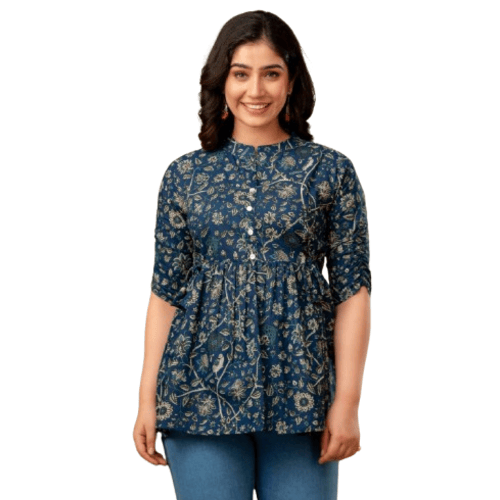Printed Blue Colour Pure Cotton Women Top