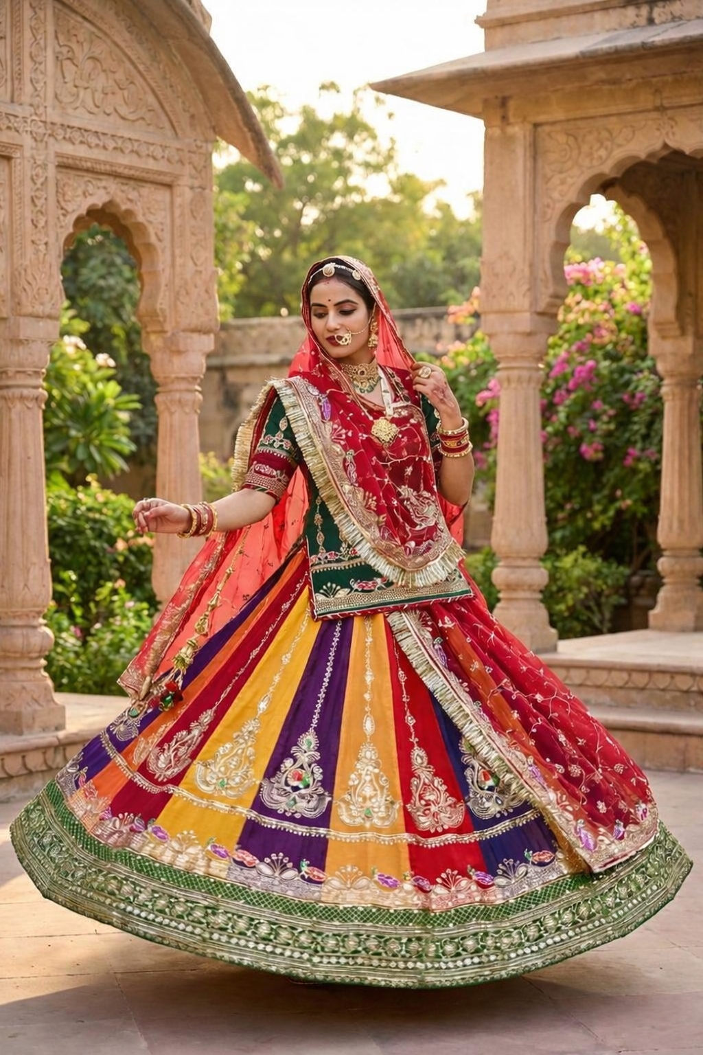 Boutique Range Designer Poshak – 4 MTR Gher Lehenga with Multicolour Pattern & Pure Odhani