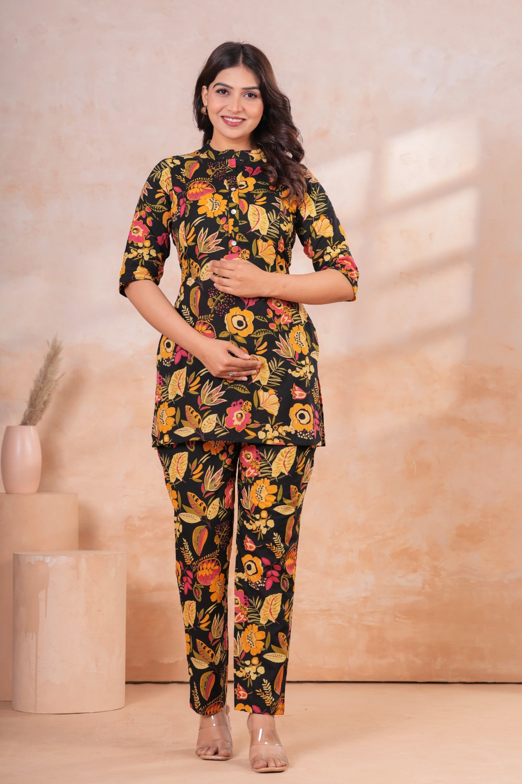 Sunshine Bloom Luxe Black Floral Maternity & Feeding Kurta Pant Co-Ord Setc