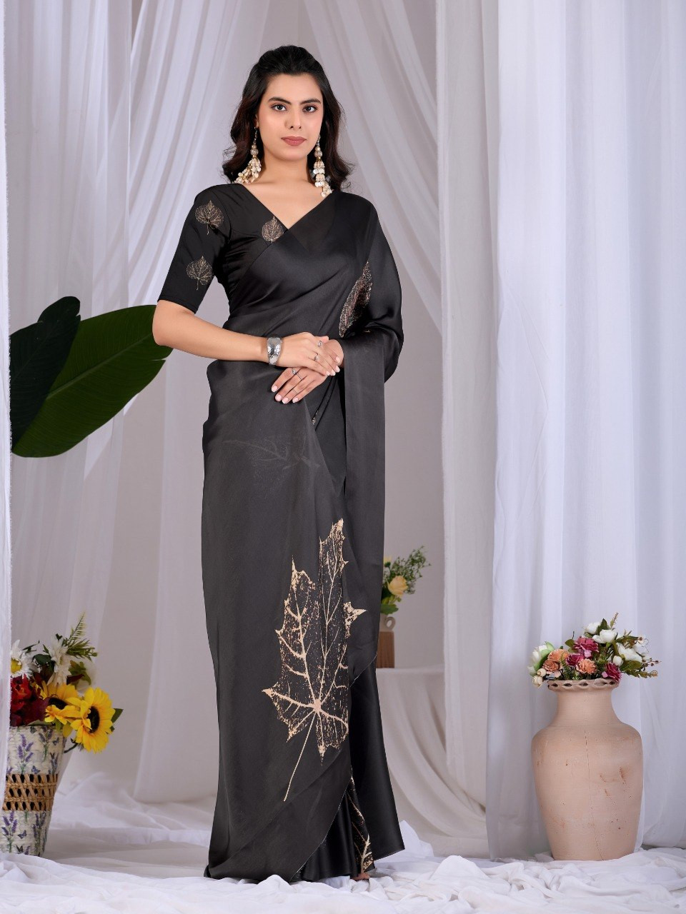 Elegant Black Satin Georgette Saree with Golden Leaf Print | Party Wear Designer Saree with Blouse
