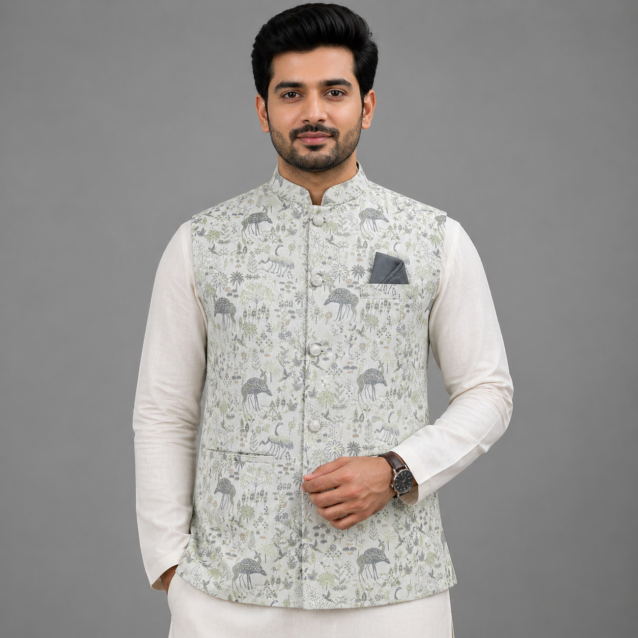 Men's Pastel Mint Green Deer Jacquard Nehru Jacket | Designer Ethnic Koti for Weddings & Festivals
