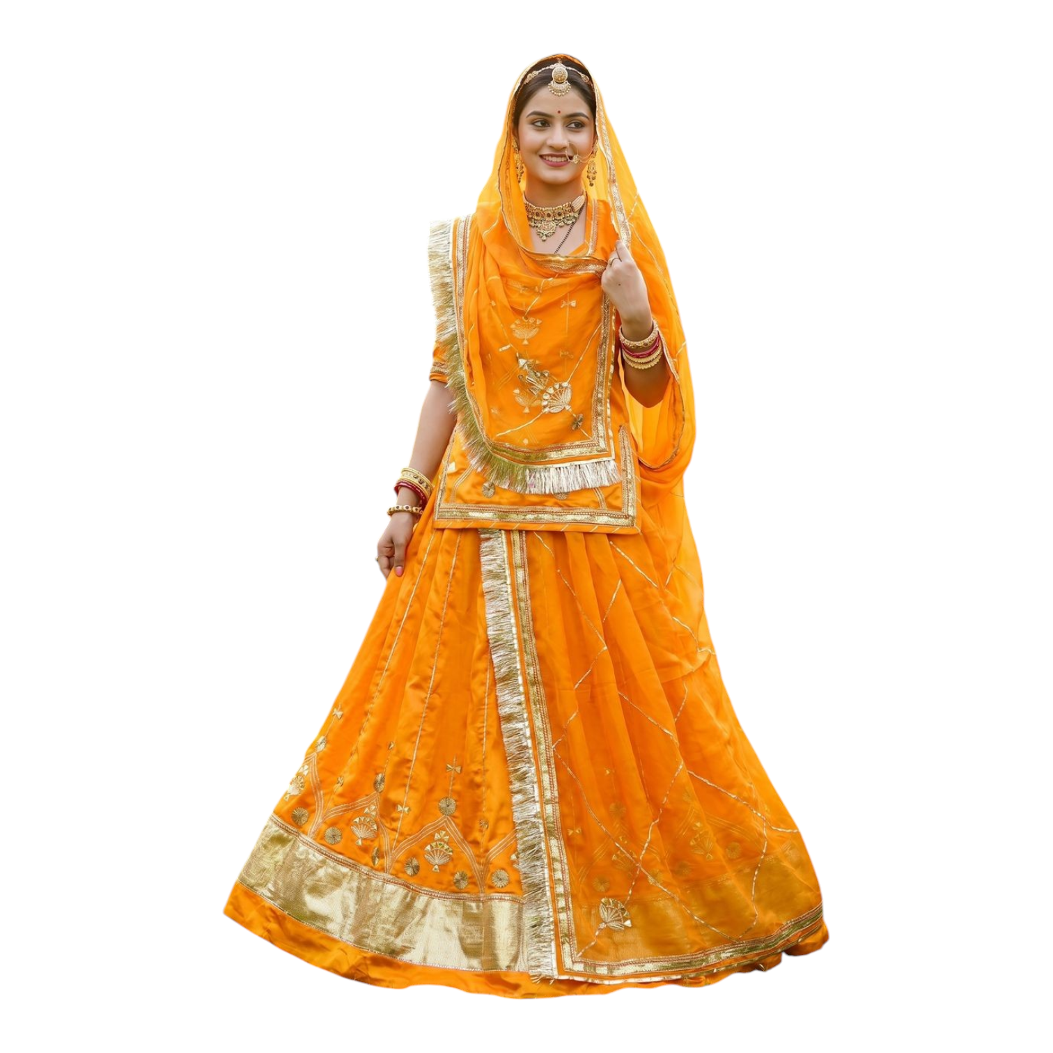 Elegant Yellow Satin Rajputi Poshak with Laffa & Gota Patti Work