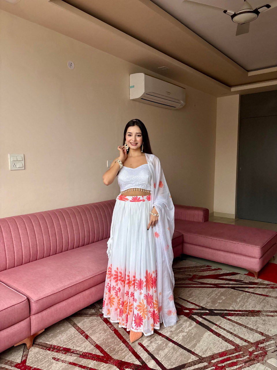 White Ombré Floral Lehenga Set with Sequin Blouse & Soft Georgette Dupatta