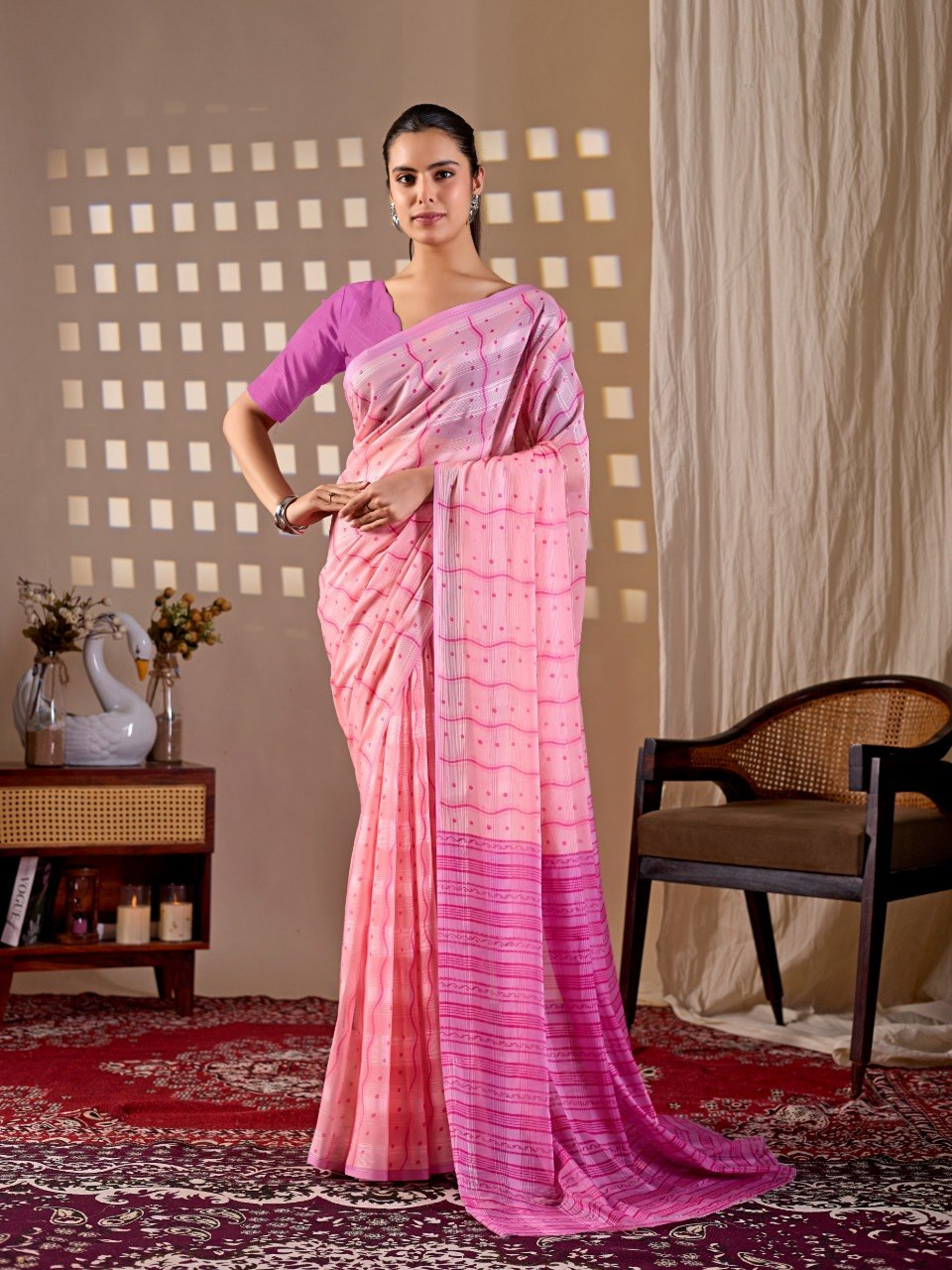 Peach Pink Monsoon Saree - Dotted & Striped Silk Blend | Elegant Indian Wear