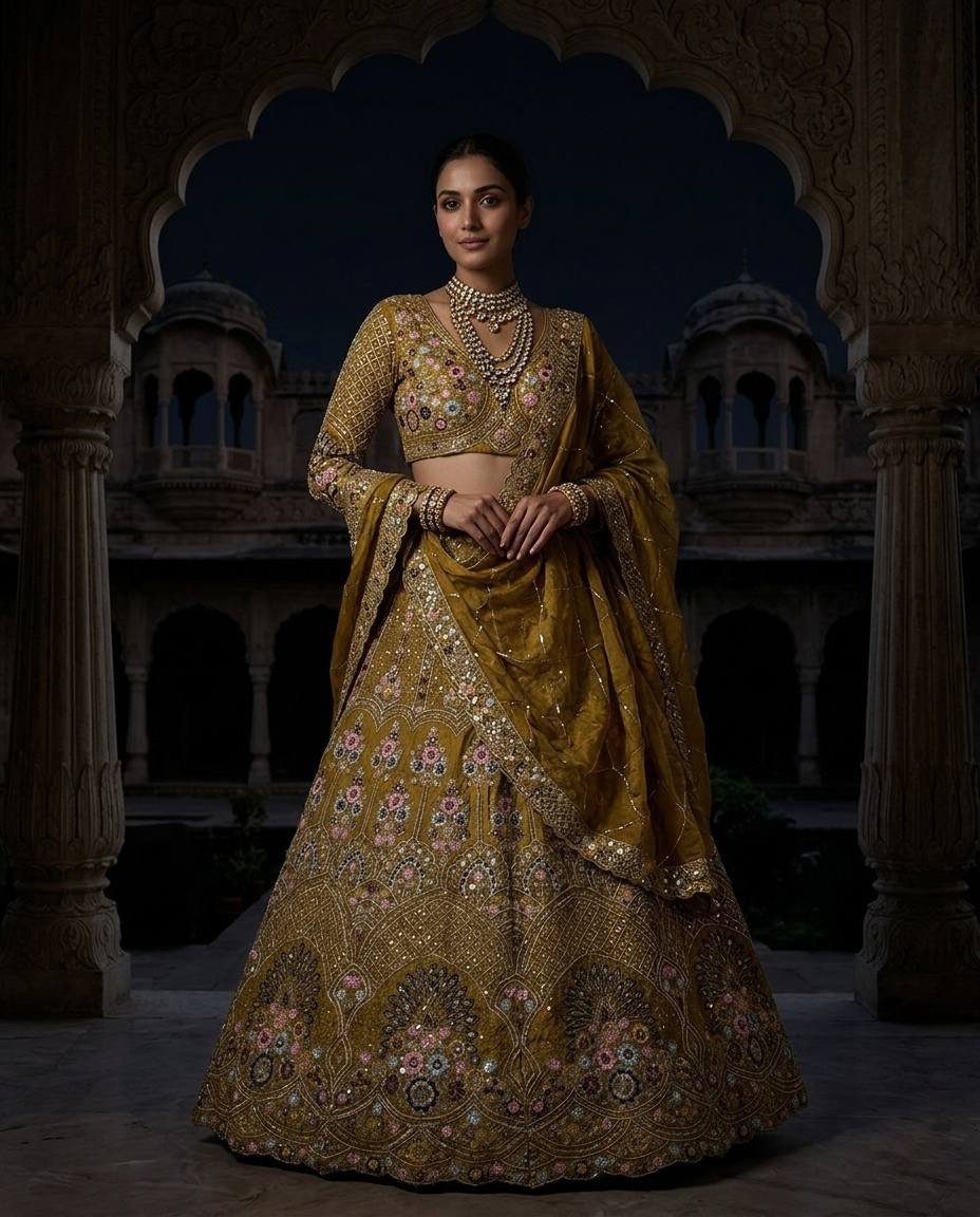 4m Gold Crush Flared Lehenga with Can-Can & Canvas - Luxury Indian Wedding Attire