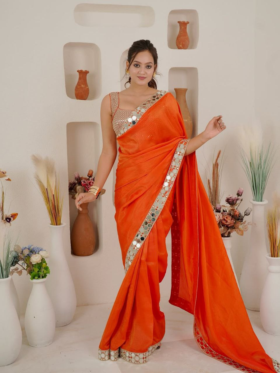 Premium Rangoli Silk Saree with Heavy Real Mirror Work Lace Border & Embroidery Sequins Blouse