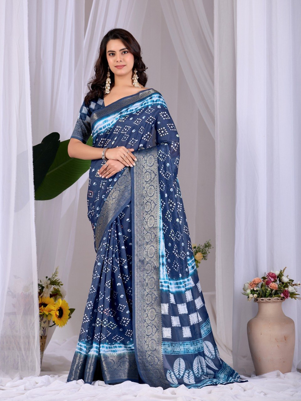 Elegant Navy Blue Bandhani Style Soft Lichi Silk Saree with Woven Border
