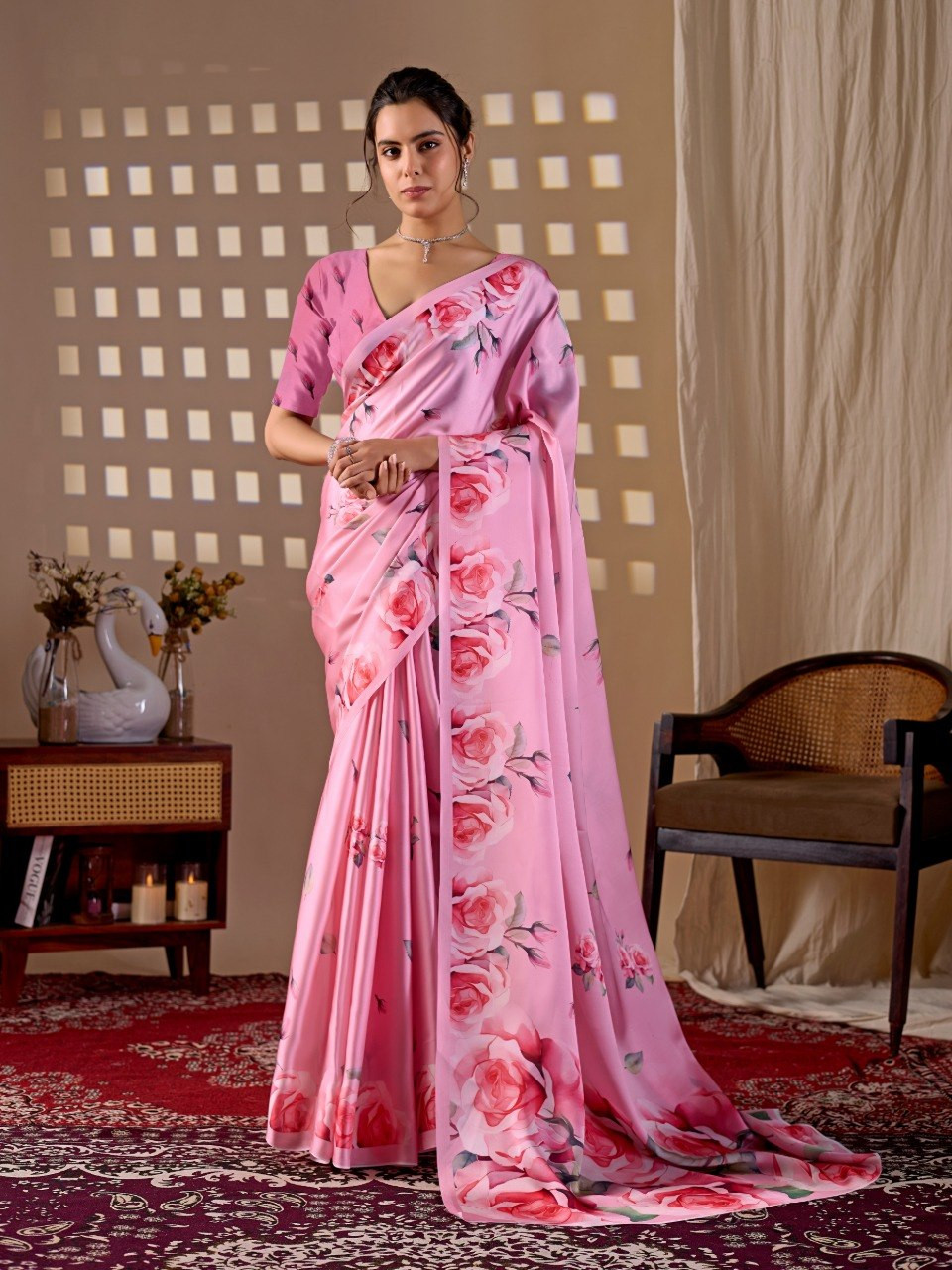 Elegant Baby Pink Floral Georgette Saree with Blouse - Luxury Indian Wedding Attire