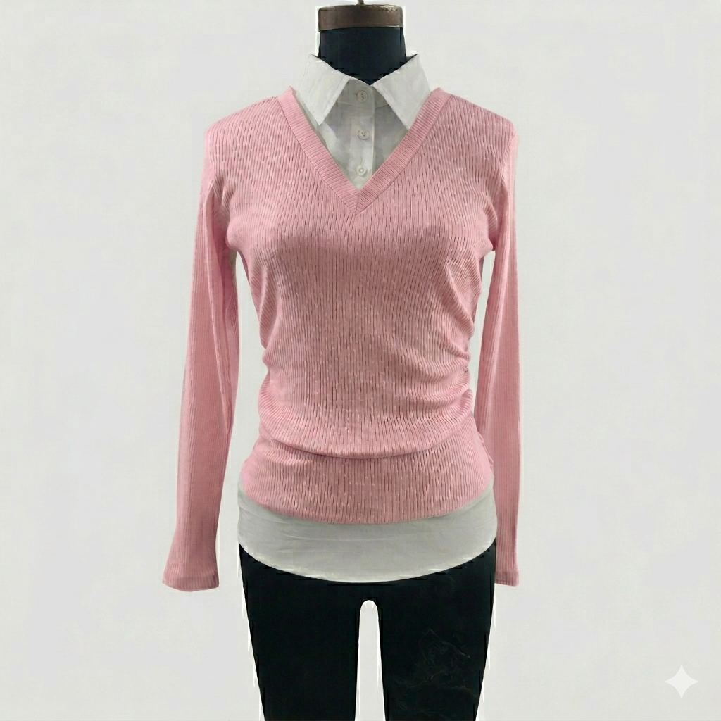 Women's Soft Dusty Rose Pink Ribbed V-Neck Top with Shirt Collar - Cotton Stretch