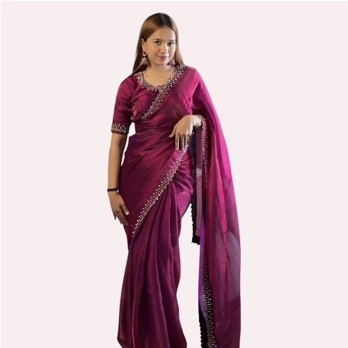 Luxury Space Silk Saree with Zarkan Diamond Work & Matching Blouse