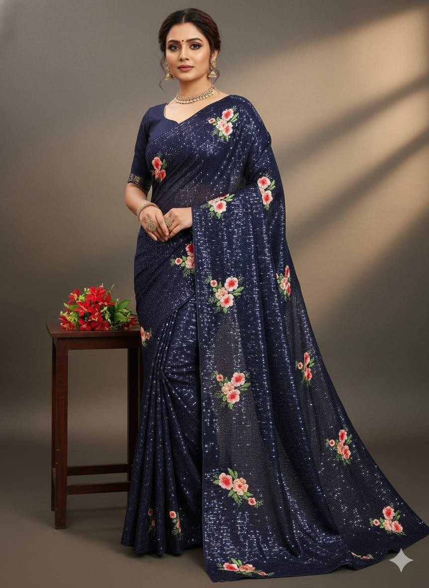Premium Georgette Sequins & Multi Thread Embroidery Work Saree with Bangalori Satin Silk Blouse