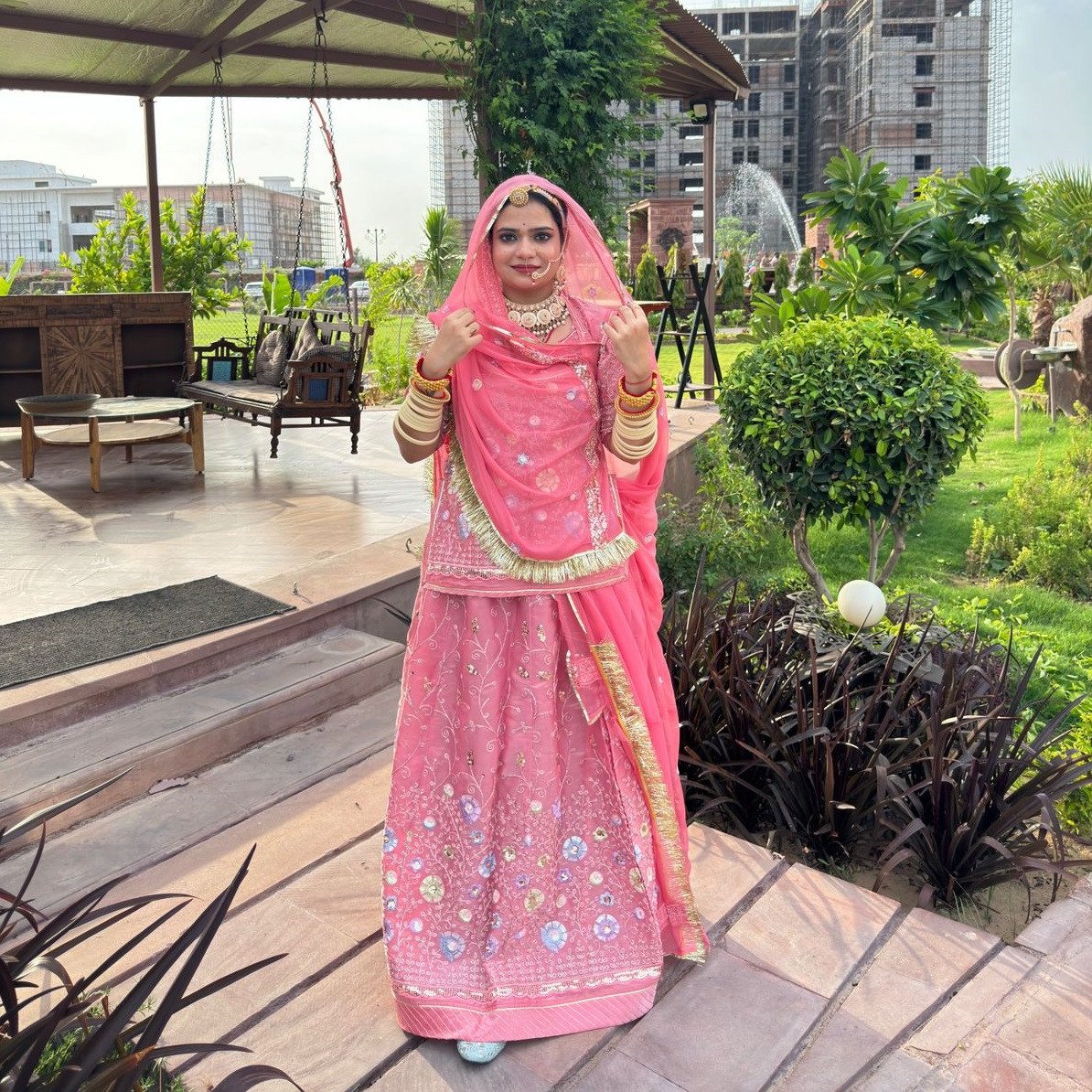 Bindani Blossoming Elegance Pink Tissue Suit with Floral Butta Poshak