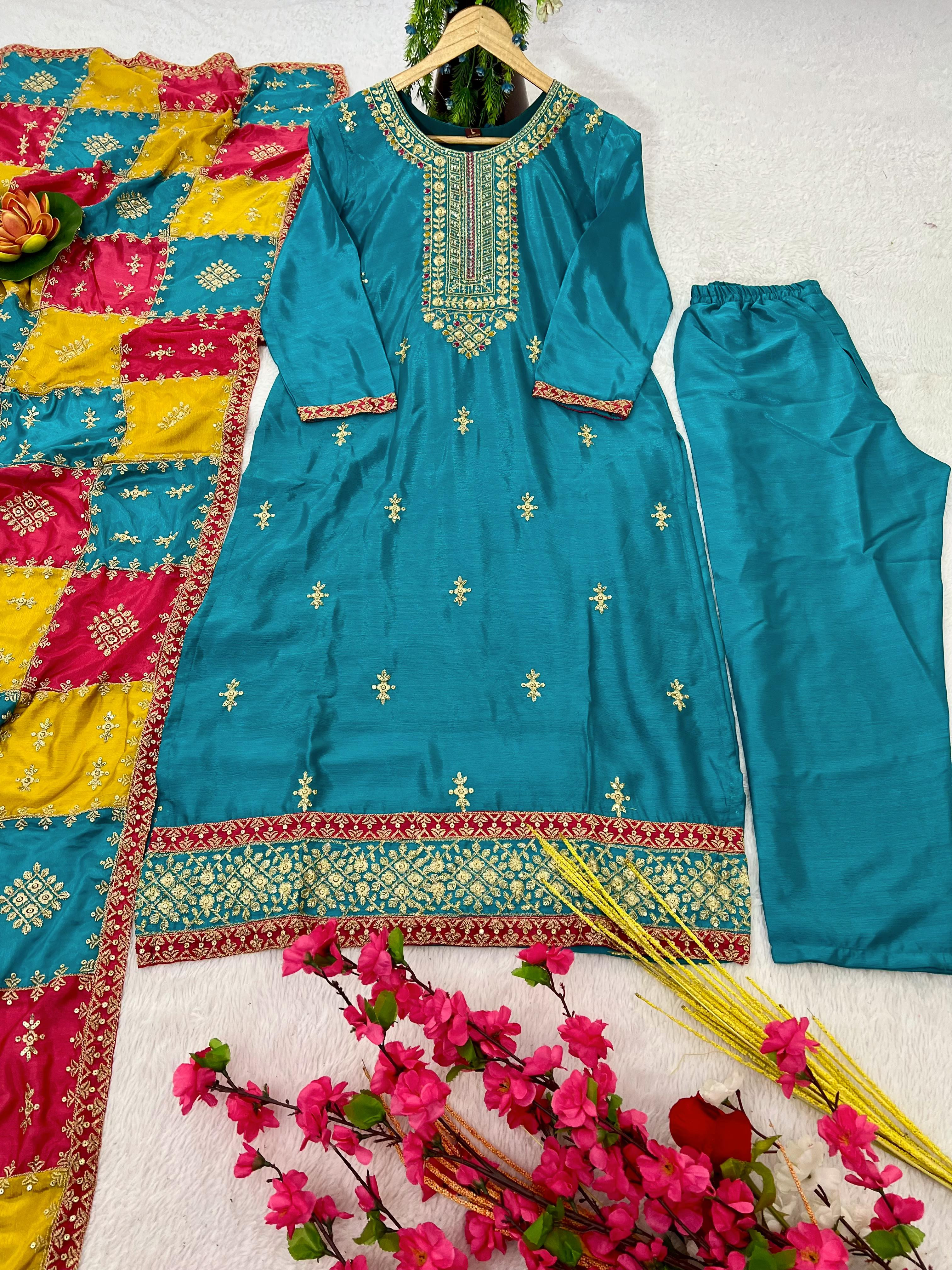 MultiColoured Embroid Kurta Pant Setered Attractive Party Wear