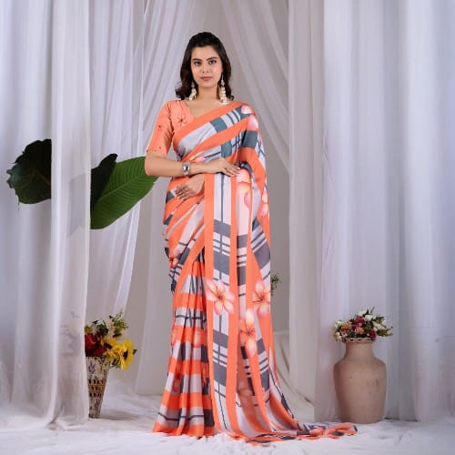 Elegant Floral & Stripe Digital Print Satin Georgette Saree with Blouse