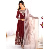 Embroidered Georgette Anarkali Gown with Dupatta – Maroon | Stitched Party Wear Gown
