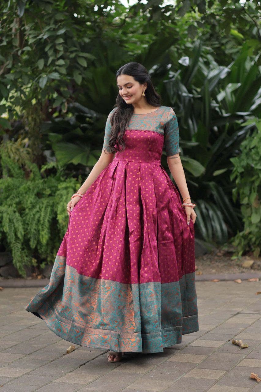 Women's Pink Woven Jacquard Anarkali Gown – Stitched, Half Sleeve, Full Flair