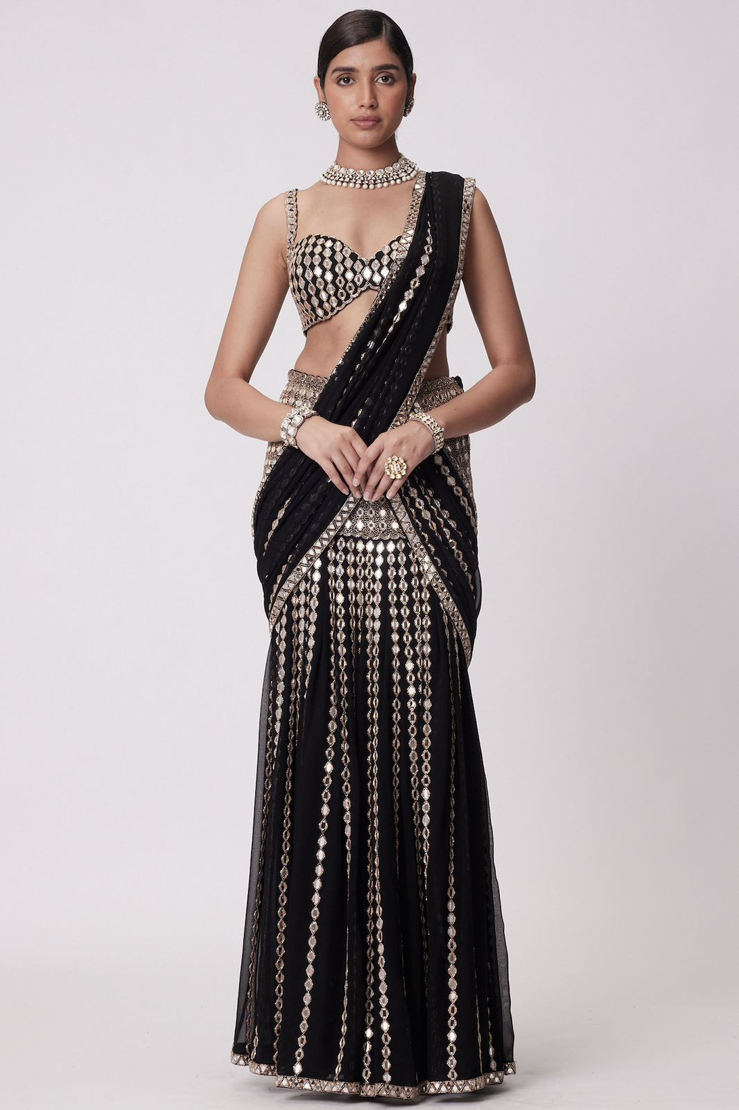Real Mirror Work Ready To Wear Lehenga Saree With Attached Dupatta