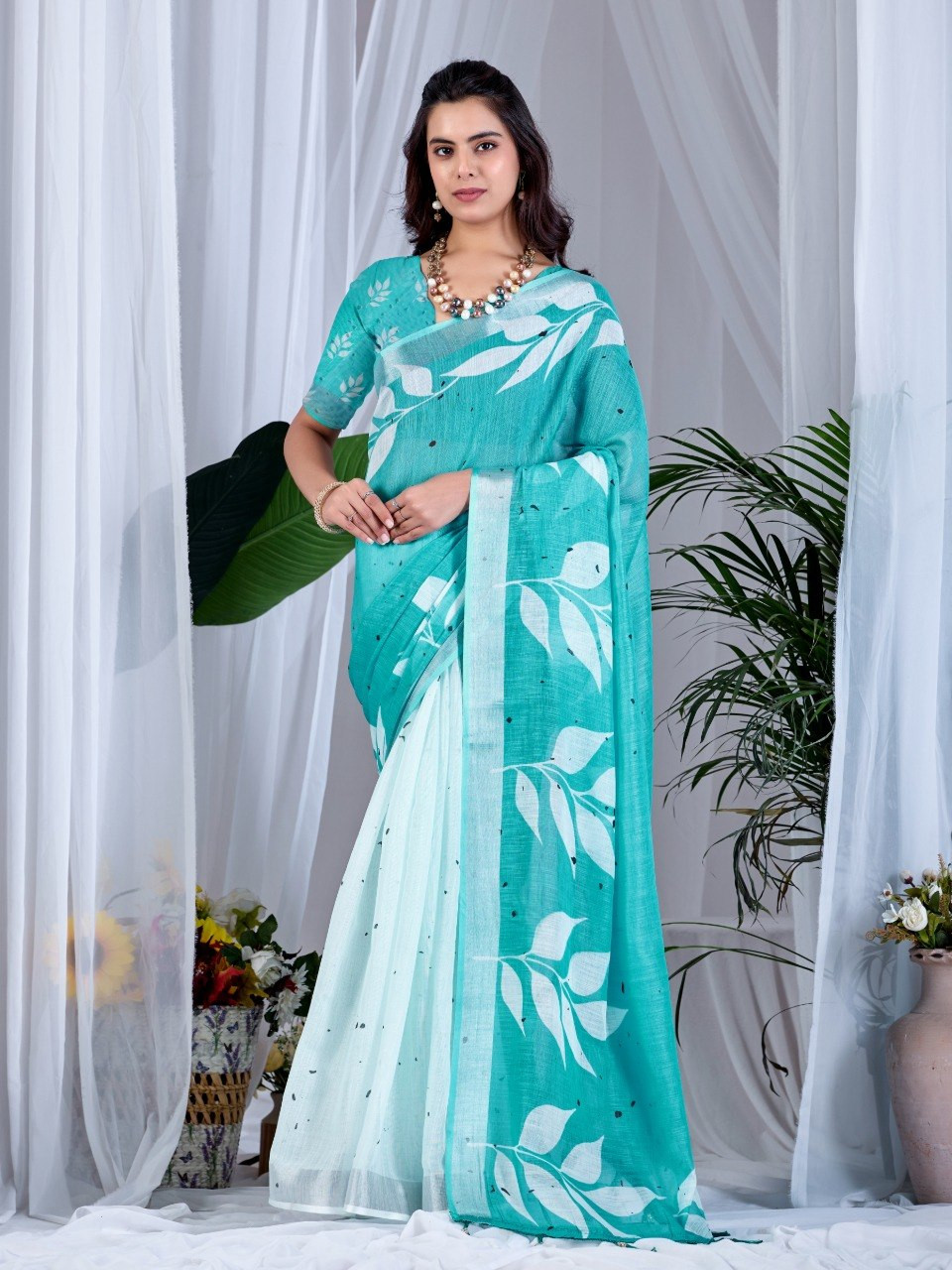 Elegant Aqua Green Linen Cotton Saree with Leafy Digital Print & Contrast Pallu