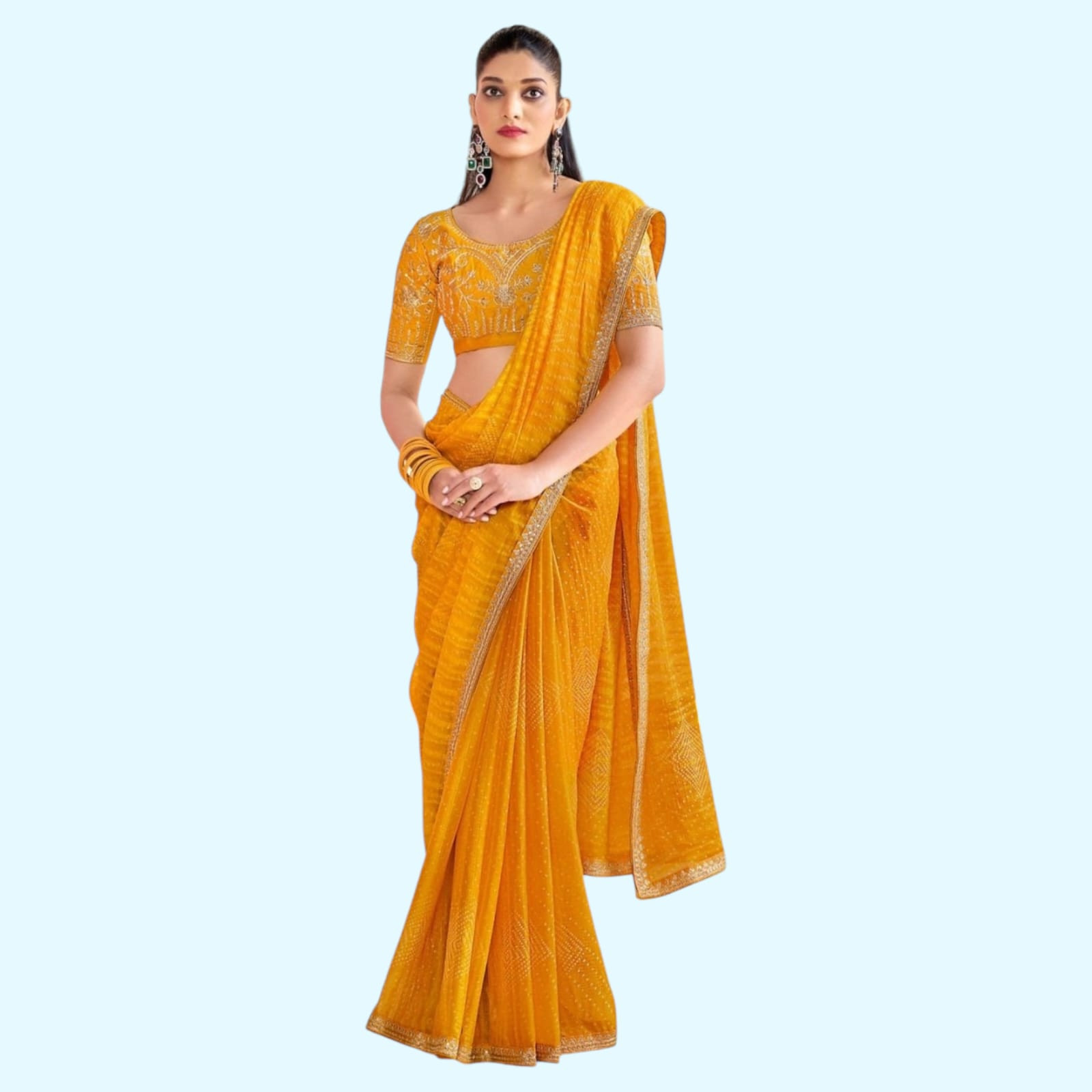 Bandhni Moss Chiffon Saree with Embroidered Lace & Blouse