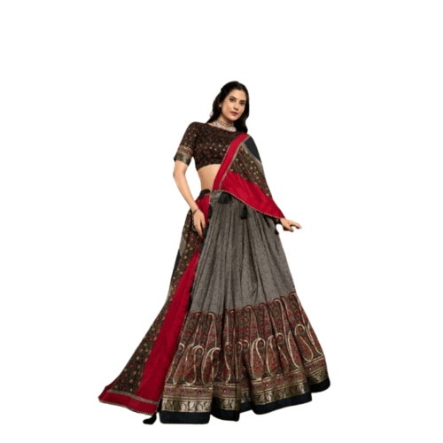 Tussar Silk Kashmiri Print With Foil Print Work Lahanga Choli