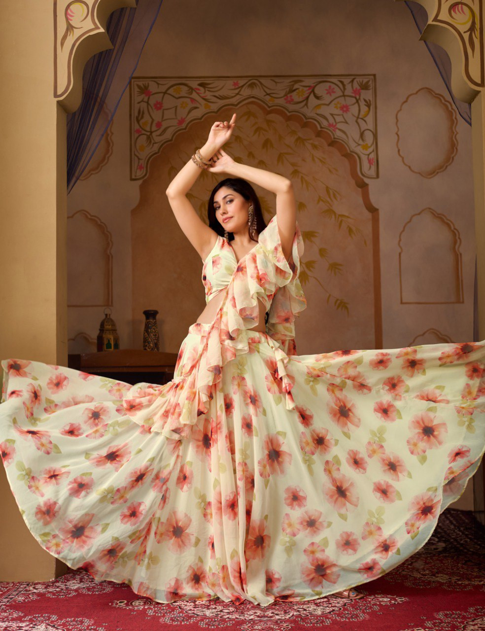 Soft Georgette Digital Painted Floral Design. 4.5 Mtr Flair Lehenga Set