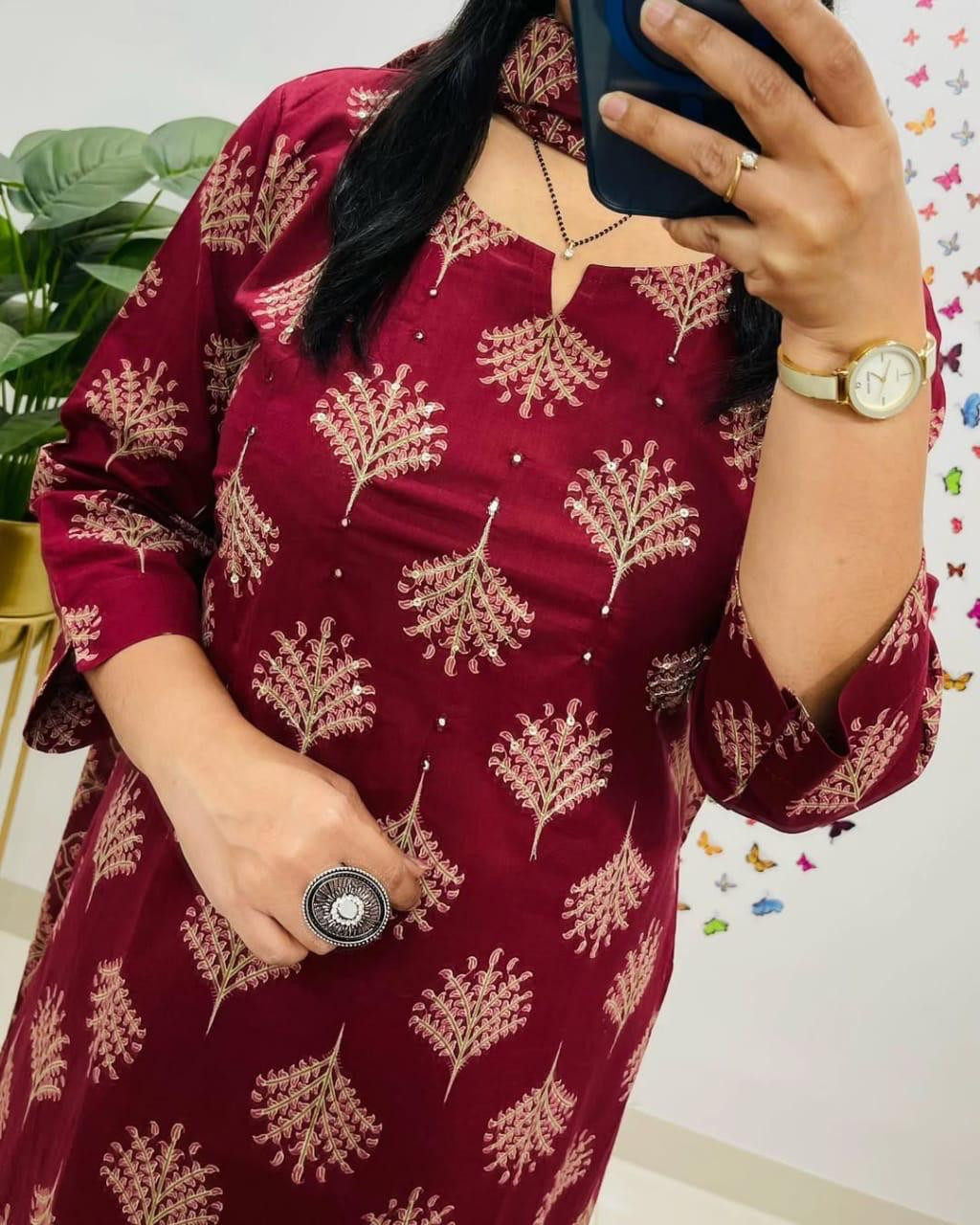 Heavy Sequin Embroidery Kurti with Pant & Cotton Dupatta Set