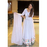 Independence Day Special ?? White Embroidered Georgette Anarkali Gown with Dupatta