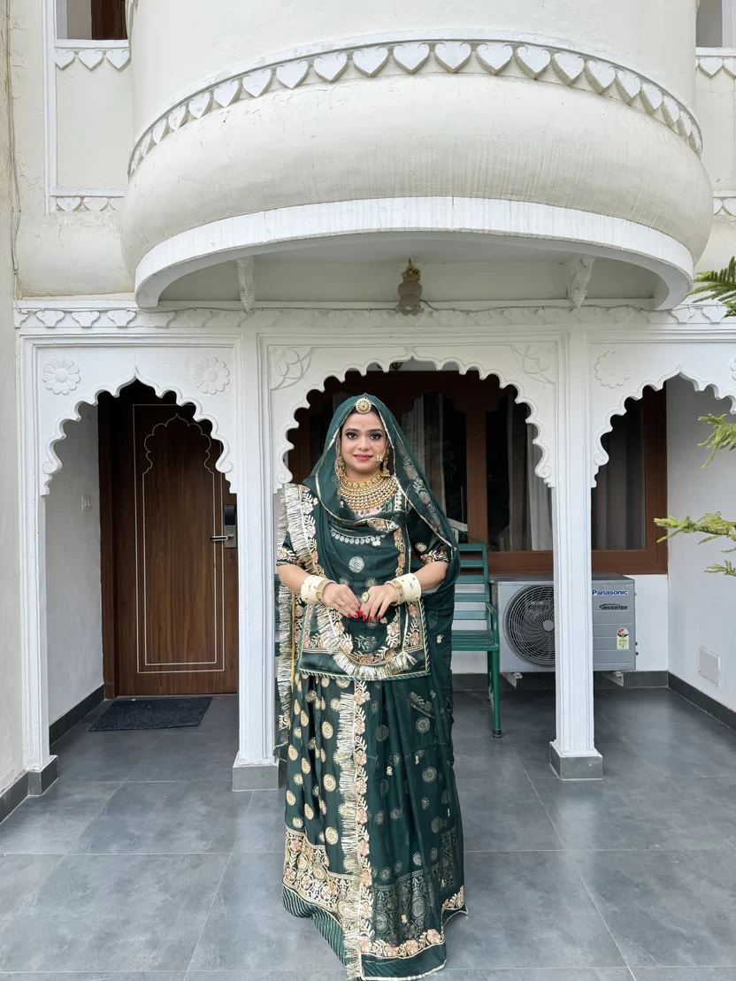 Green Satin Rajputi Poshak Ethinic Lehanga For Women