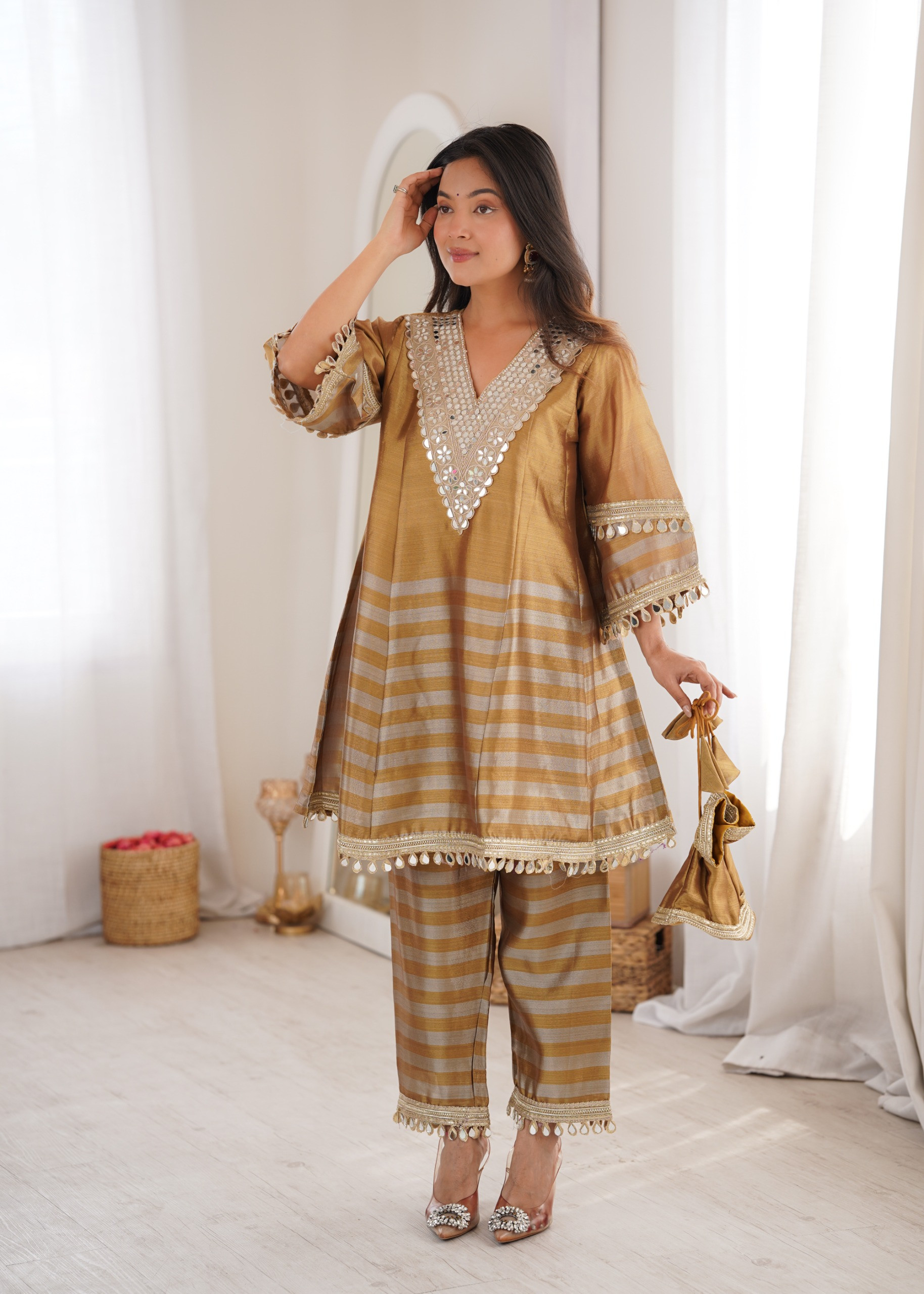 Elegant Two-Tone Tissue Top Bottom Set with Batwa & Mirror Work for Women