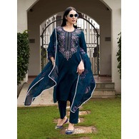 Women’s Embroidered Tesla Kurta Pant with Organza Dupatta Set – Cerulean