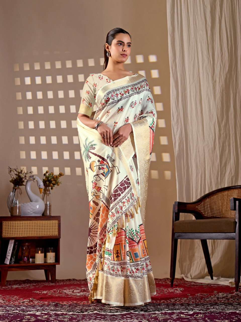 Elegant Cream Lichi Silk Saree | Village Art Print | Rich Woven Border