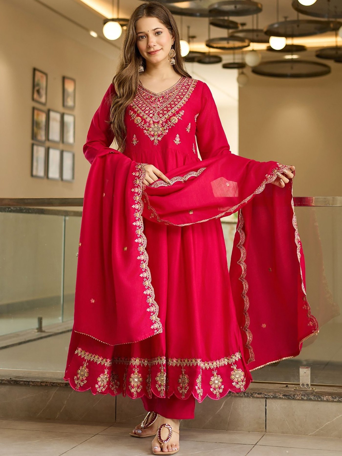 Pink Kent Anarkali Sharara Set with Dupatta | Embroidered Vichitra Fabric Ethnic Wear for Women