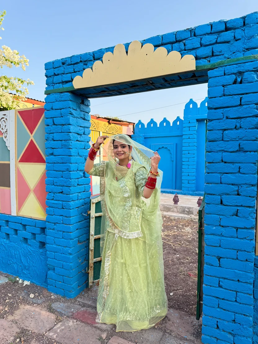 Pista Green Net Rajputi Poshak Ethinic Lehanga Set