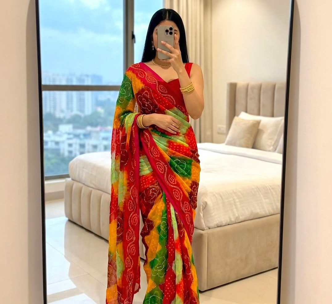 Bandhani Premium Royal Georgette Bhandej Saree with Vintage Sequence & Katdana Work