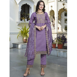 Lavender Embroidered Women’s Kurta Pant Dupatta Set – Tesla Fabric with Organza Dupatta