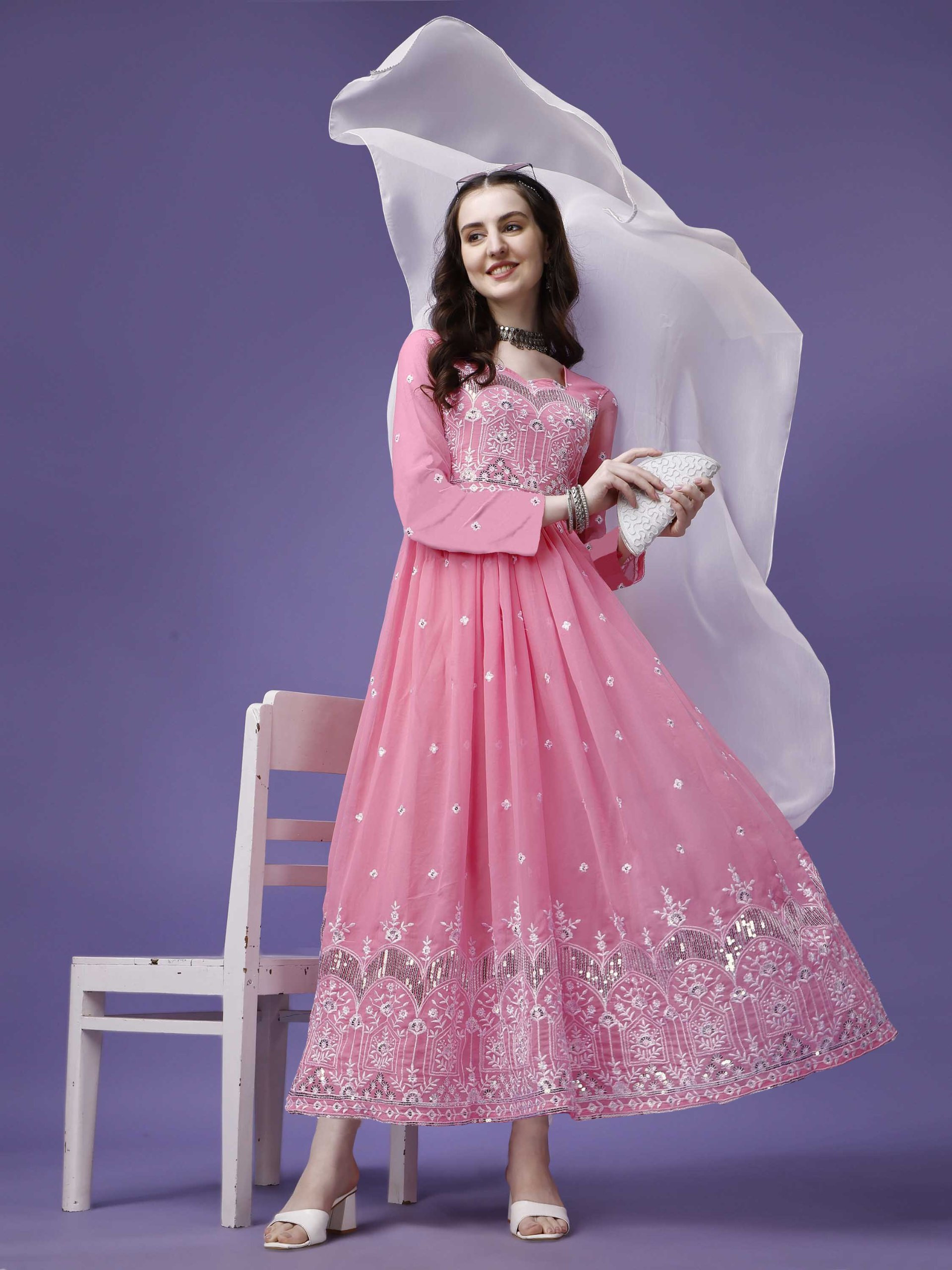 Embroidered Pink Georgette Anarkali Gown with Dupatta – Full Stitched, Elegant Party & Wedding Wear