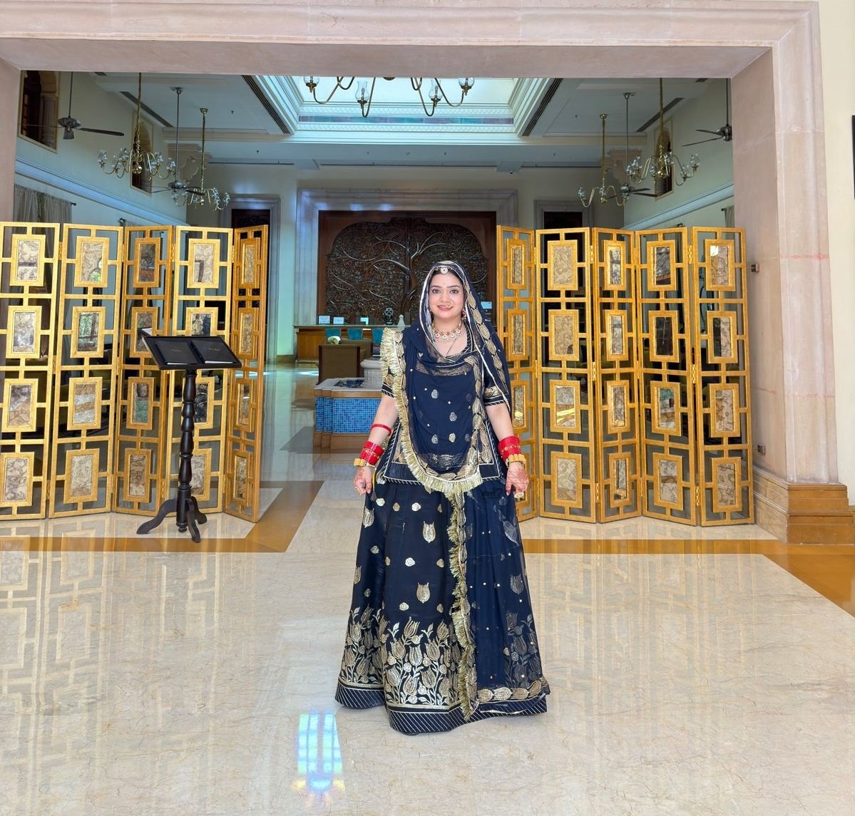 Elegant Blue Tissue Poshak with Stunning Foil Work(semi stich)