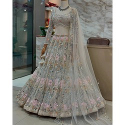 4 Meter Flared Real Mirror Sequins Work Lehenga in Soft Butterfly Net