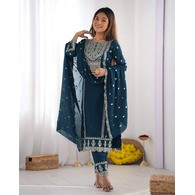 Women’s Cerulean Silk Kurta Pant Dupatta Set | Embroidered Tesla Fabric | Elegant Ethnic Wear