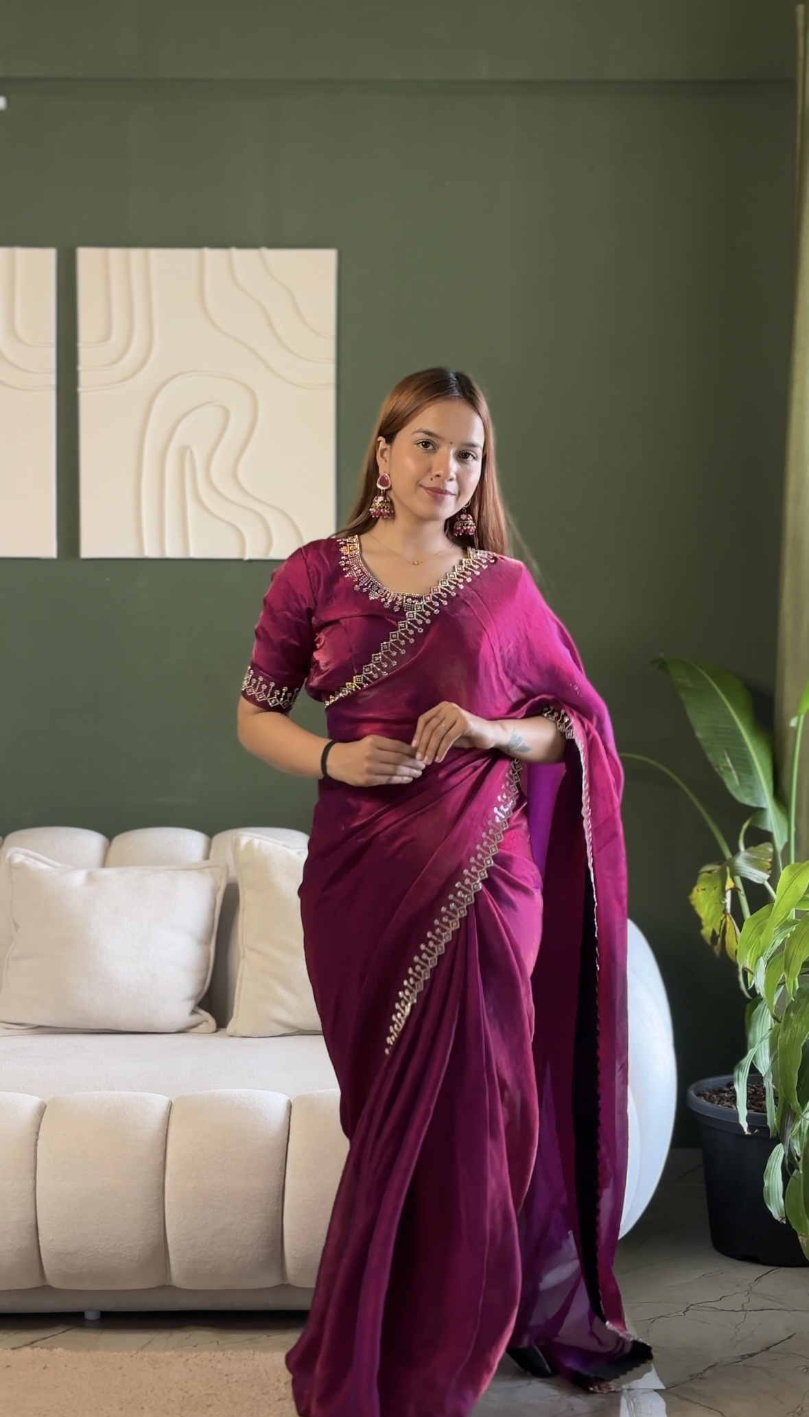 Luxury Space Silk Saree with Zarkan Diamond Work & Matching Blouse