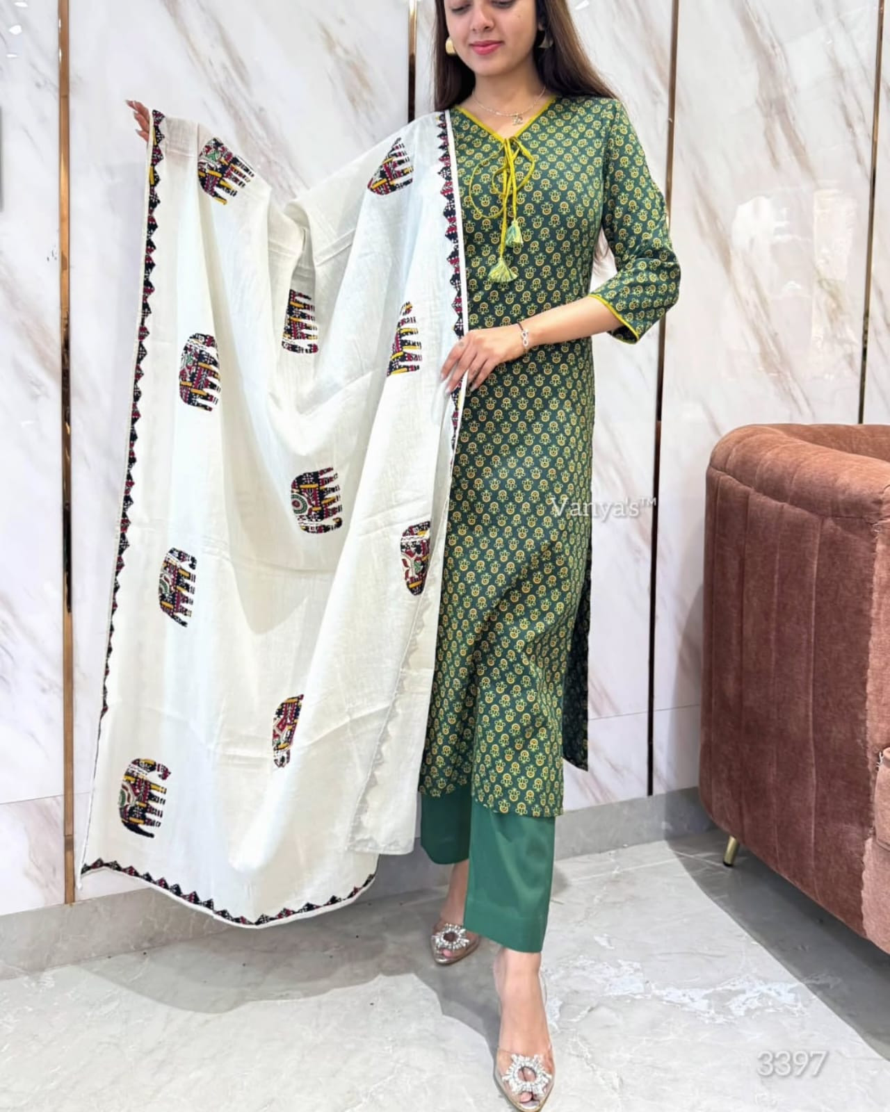 Mughal block kurti pant dupatta set