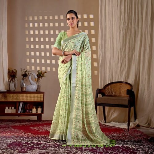 Elegant Pastel Green Floral Linen Cotton Saree | Digital Print | Contrast Border