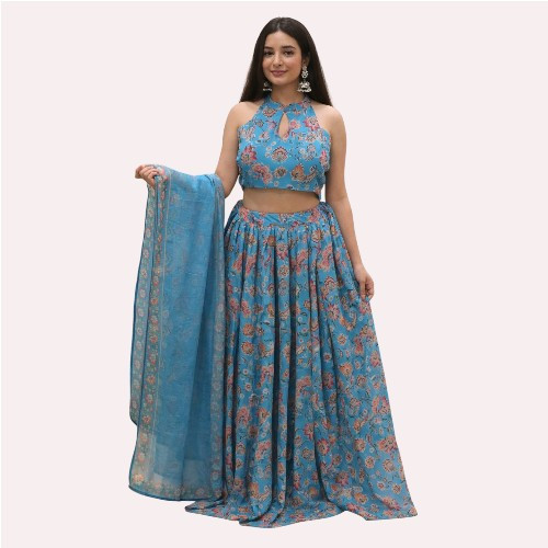 Elegant Blue Floral Organza Lehenga Set with Halter Neck Blouse & Dupatta