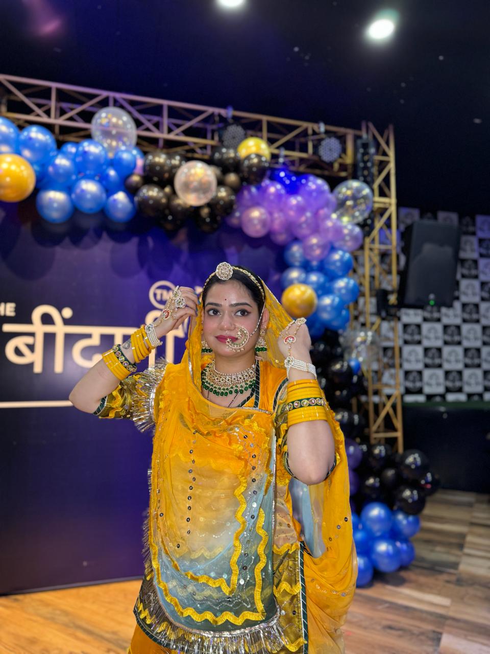 Emerald Elegance: Green Organza Poshak with Vibrant Contrast Odhna (semi stich)