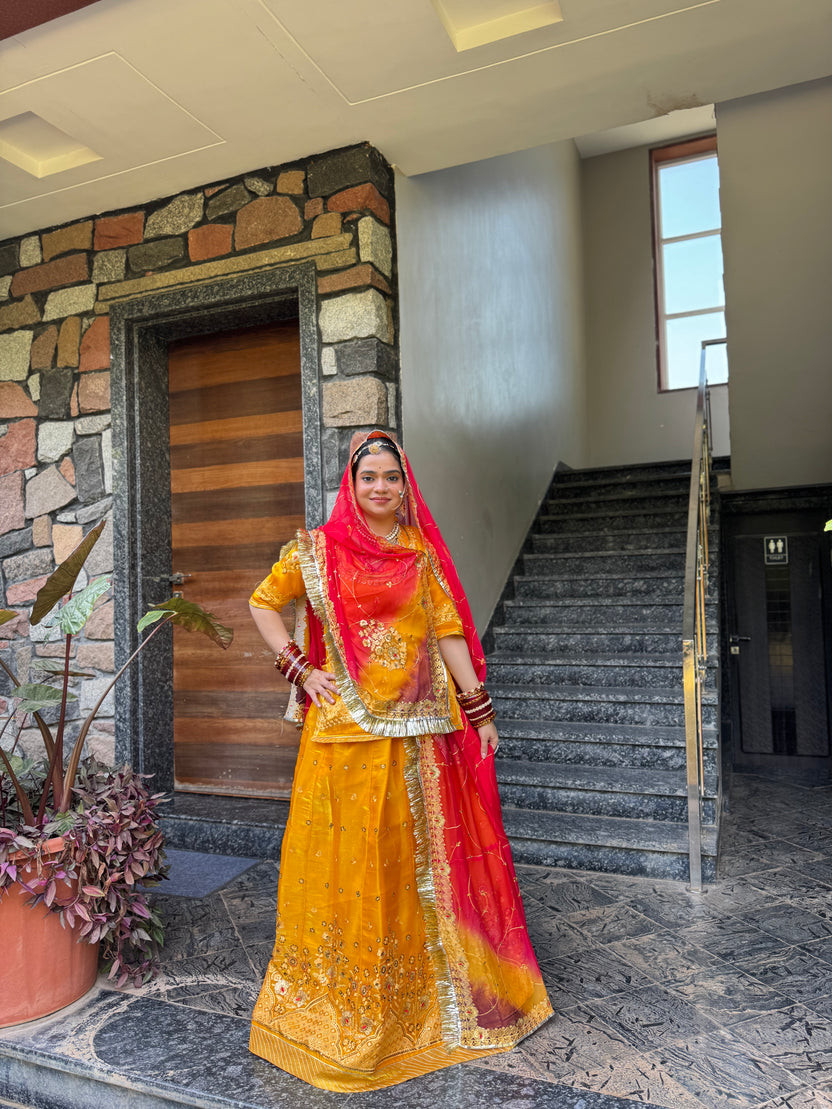 Trendy Sunehri Poshak With Light Tissue Suit with Hamrahi Odhna