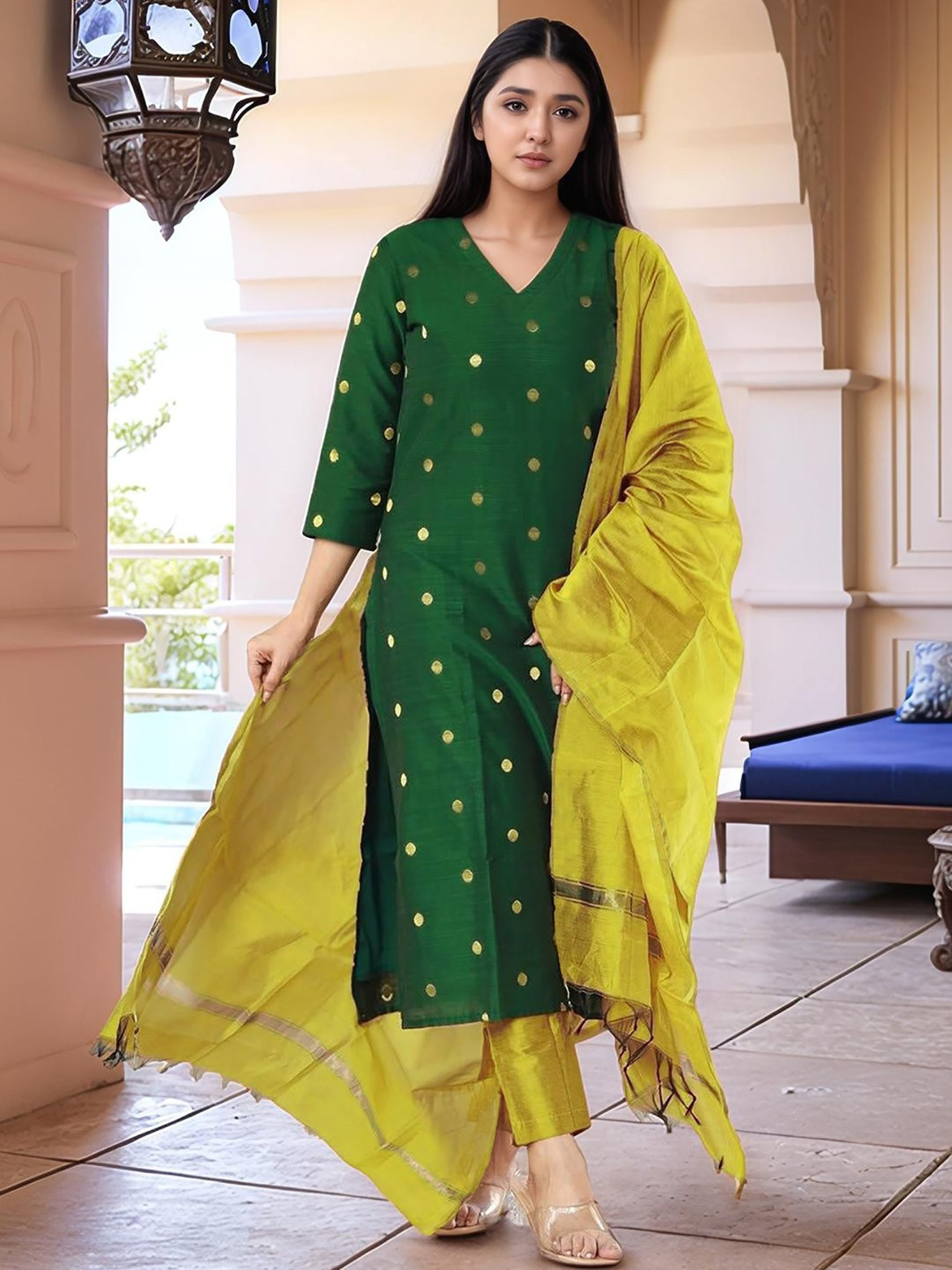 Green Jacquard Weaving Art Silk Kurta Set with Yellow Pant & Dupatta | Premium Ethnic Suit for Women