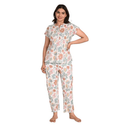 White Printed Women Night Top & Pyjama Set