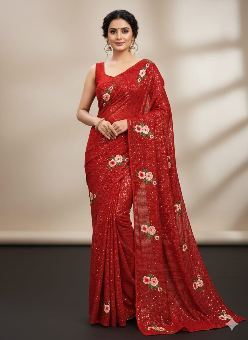 Premium Georgette Sequins & Multi Thread Embroidery Work Saree with Bangalori Satin Silk Blouse